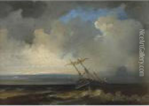 Ship In Stormy Sea Oil Painting - Johannes Christian Schotel