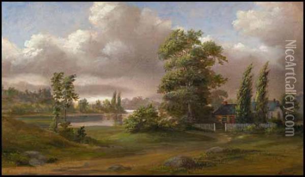 A) Country Home By The River Oil Painting - Joseph Julius Humme