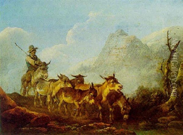 Bjerglandskab Med Aesler Ved Et Vandhul Oil Painting - Philip James de Loutherbourg