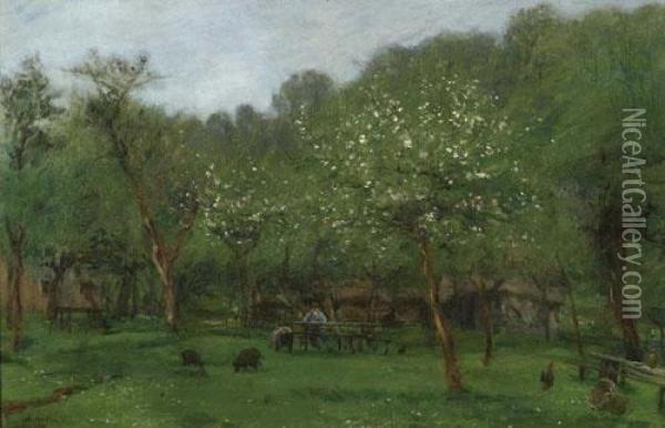 Trees In Blossom In Honfleur. 1873. Oil Painting - Adolphe Felix Cals