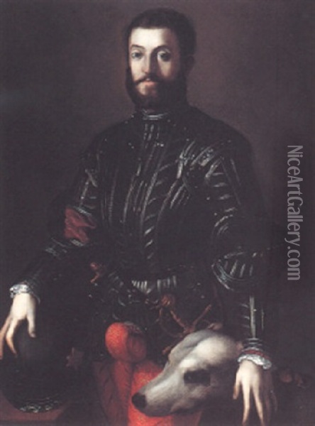 Portrait Of Guidobaldo Della Rovere In Armour, Three-quarter Length, With Dog Oil Painting -  Bronzino