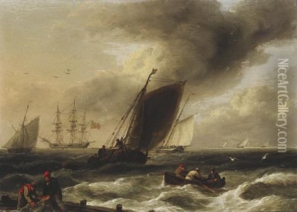 Small Craft Heading Inshore Ahead Of A Squall, With A Frigate Anchoring For Shelter Beyond Oil Painting - Thomas Luny