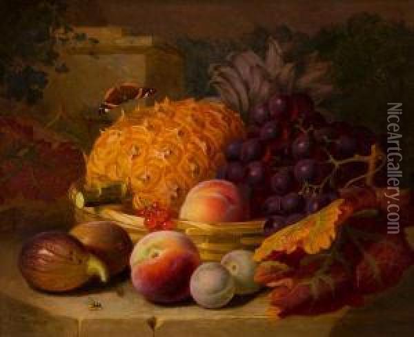 Still Life With Basket Of Fruit Andinsects Oil Painting - Eloise Harriet Stannard