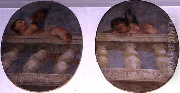Two winged putti climbing over a balustrade, roundels from the sacristy Oil Painting - Paolo Veronese (Caliari)
