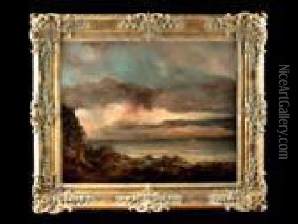 Steinige Kuste Mit Blick Auf Meer Mit Segelschiff Oil Painting - Gustave Courbet