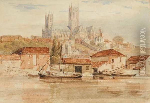 Untitled - Catherdral With Boats Inforeground Oil Painting - Henry Edridge