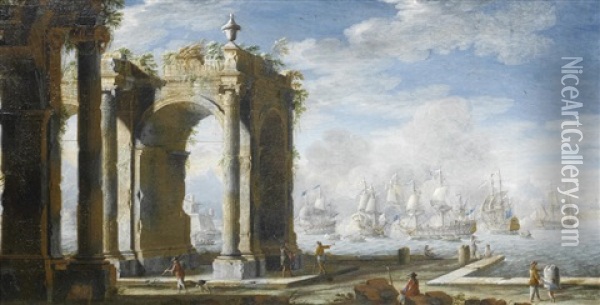 A Mediterranean Port Scenes With Classical Ruins And Naval Engagements Between Turks And Christians Beyond (2) Oil Painting - Angelo Maria Costa