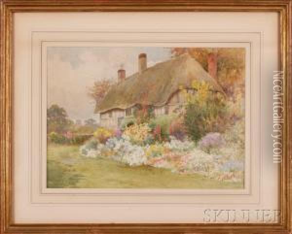 Thatched Cottage And Garden Oil Painting - Alfred A. Waters