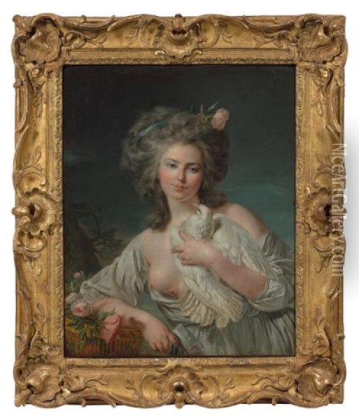 Jeune Femme Au Panier De Roses Et A La Colombe Oil Painting - Louis Rolland Trinquesse