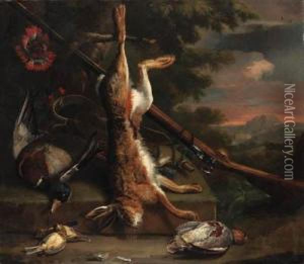Still Life Of Dead Game, With A 
Hare, A Mallard, An Englishpartridge And Other Birds With A Gun By A 
Tree, In A Woodedlandscape Oil Painting - Charles Collins