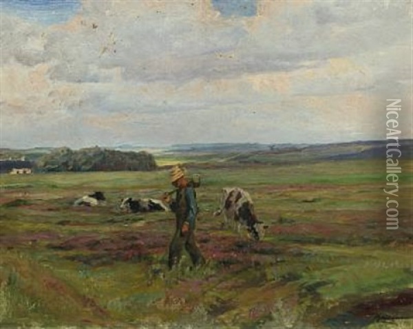 Heath Landscape With Cattle On Pasture Oil Painting - Knud Erik Larsen