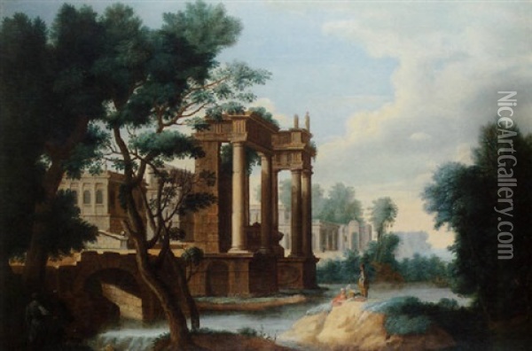 A Capriccio Landscape With Figures Beside A River With Roman Buildings Beyond Oil Painting - Georges Lallemant
