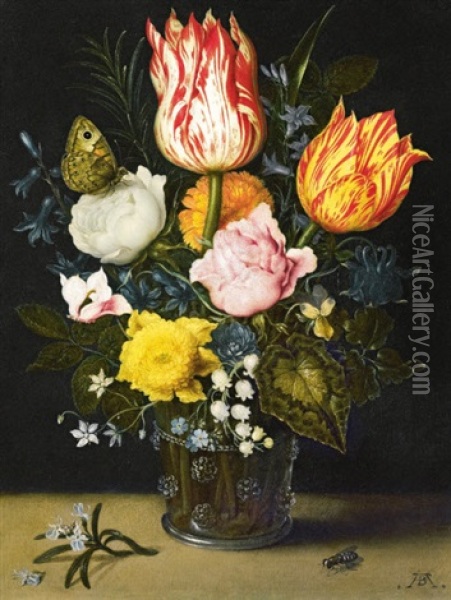 Still Life Of Flowers In A Berkemeijer Glass Beaker Decorated With Raspberry Prunts Oil Painting - Ambrosius Bosschaert the Elder