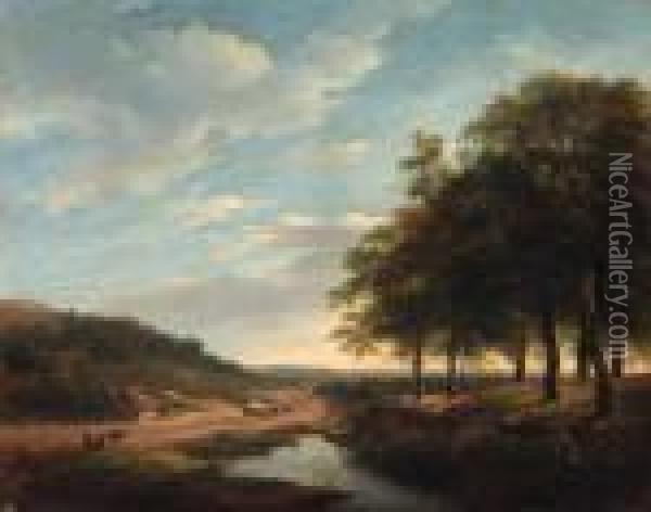 An Extensive Summer Landscape With Travellers And A Hay-wagon On A Sandy Track Oil Painting - Andreas Schelfhout