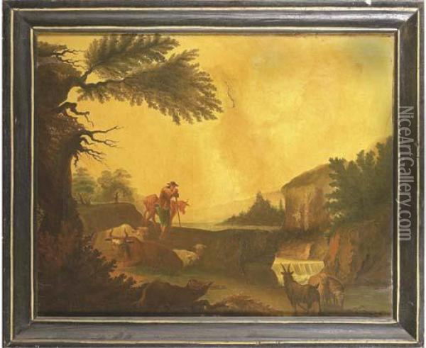 Un Berger Gardant Son Troupeau Au Bord D'une Cascade Oil Painting - Nicolaes Berchem