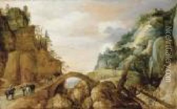 A Mountainous Landscape With Horsemen And Travellers Crossing Abridge Oil Painting - Joos De Momper