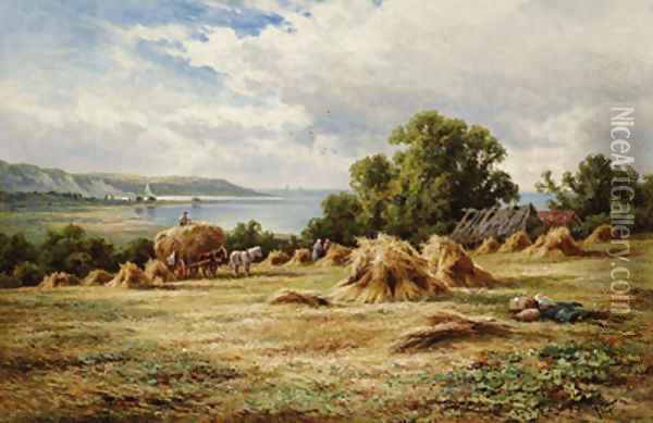 Harvesting on the Sussex Downs, near Eastbourne Oil Painting - Henry Hillier Parker