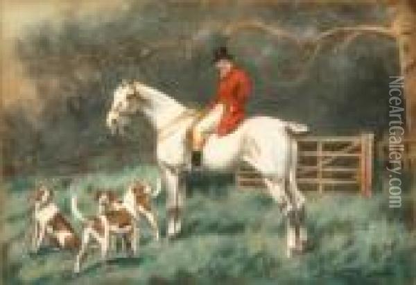 Mounted Rider In Red Coat With Pointers Oil Painting - George Wright