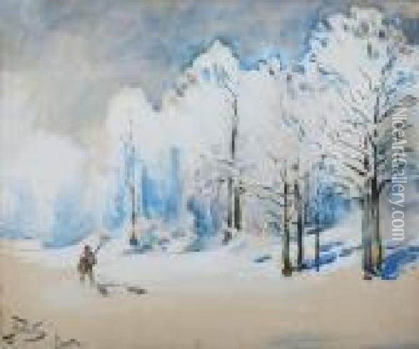 Mysliwy Z Jamnikami W Zimowym Pejzazu Oil Painting - Julian Falat