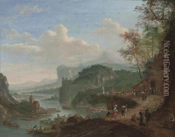A Wooded River Landscape With Figures On A Track By A Cottage, And Disembarking From Boats Beyond Oil Painting - Louis Chalon