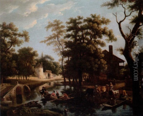 River Landscape With Ferryboats Near A Village Oil Painting - Jean-Louis Demarne