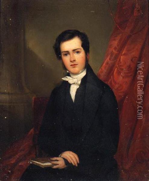 Portrait Of Richard Collinson, Seated Small Three-quarter-length,in A Black Suit, Holding A Book, In An Interior Oil Painting - William Bradley