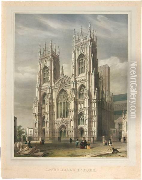 Cathedrale De York; Cathedrale De Salisbury; Cathedrale De Wells Oil Painting - Gustave Adolphe Simonau