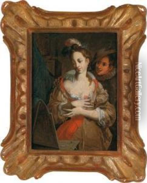 Una Nobildonna In Abiti Eleganti Si Contempla Allo Specchio Oil Painting - Johannes, Jan Tilius