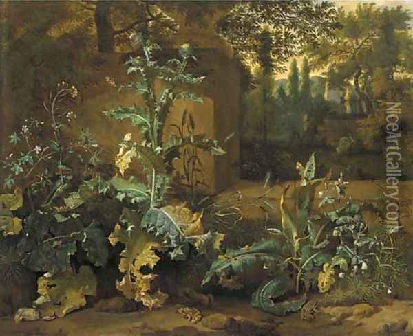 Frogs, butterflies and snails amid undergrowth near a wall, an Italianate garden beyond Oil Painting - Dirck Maas