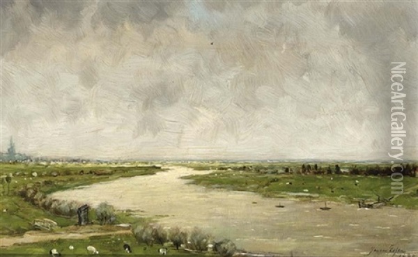 A River Landscape Oil Painting - Johannes Cornelis van Essen