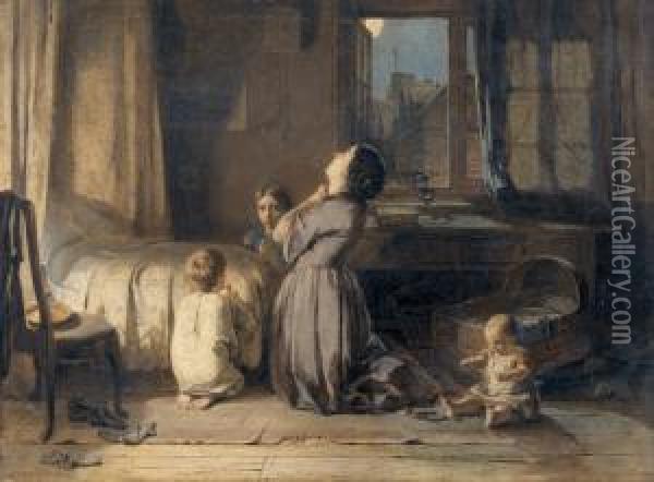Mutter Mit Kindern Beim Abendgebet. Oil Painting - Thomas Edward Roberts