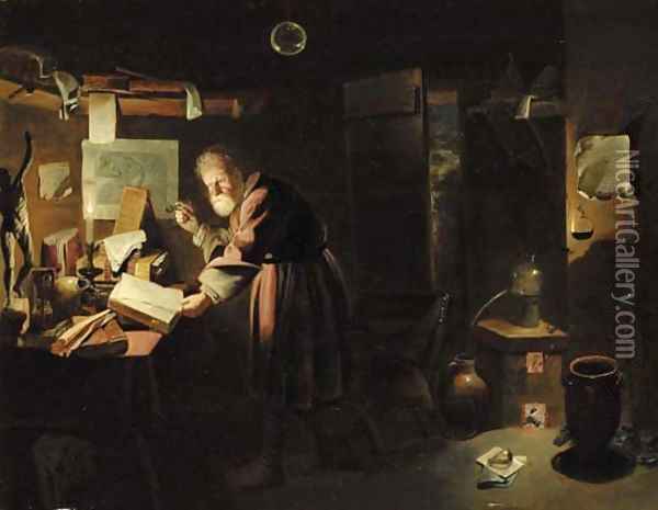 An alchemist in his study at night Oil Painting - David Ryckaert III