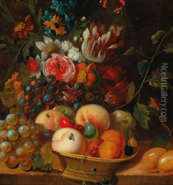 A Pair Of Fruit And Flower Still Lifes Oil Painting - Abraham Van Calraet