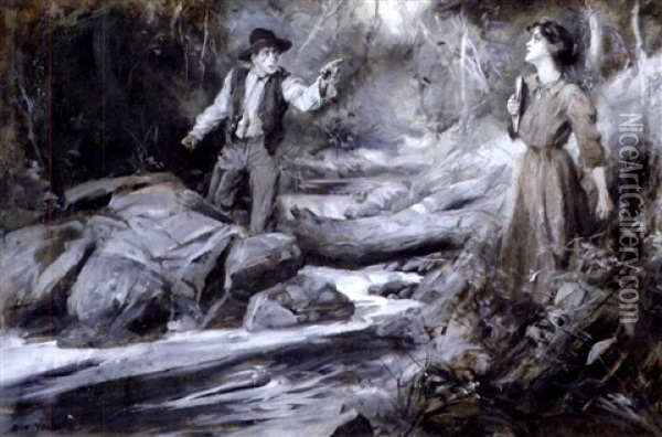 Man Scolding Woman Across Stream Oil Painting - Frederick Coffay Yohn
