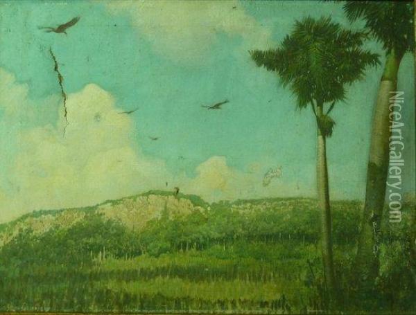 Chilean Landscape With Palm Trees Oil Painting - Alfredo H. Helsby