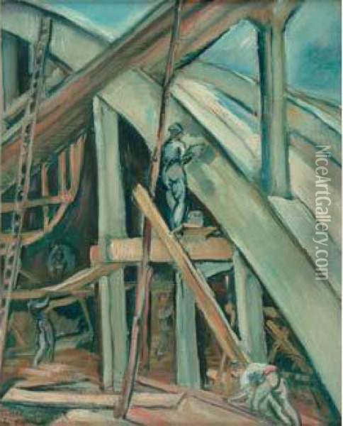  Ouvriers Sur Des Echafaudages, Hangar A Istres  Oil Painting - Emile-Othon Friesz