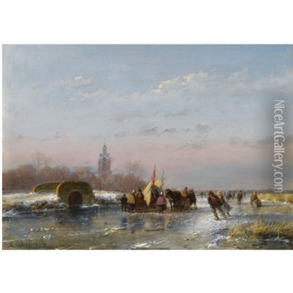 A Frozen Waterway With Skaters By A Refreshment Stall Oil Painting - Andreas Schelfhout