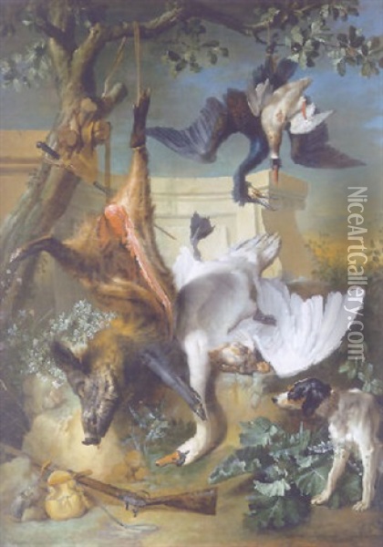 La Retour De Chasse: A Hunting Dog Guarding Dead Game Oil Painting - Jean-Baptiste Oudry