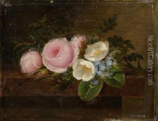 Still Life Of Flowers With Hellebore And Forget-me-nots Oil Painting - Johan Laurentz Jensen