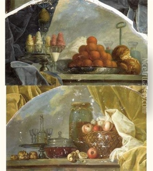 Natures Mortes Aux Verres Et Corbeille De Fruit Sur Un Entablement (pair) Oil Painting - Jean-Baptiste Oudry