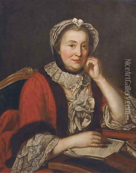 Portrait of a lady, half-length, in a red fur-lined coat and with lace headdress, seated at a secretaire Oil Painting - Jean-Marc Nattier
