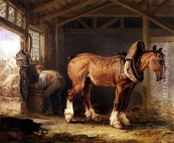 A groom with carthorse in a stable Oil Painting - James Ward
