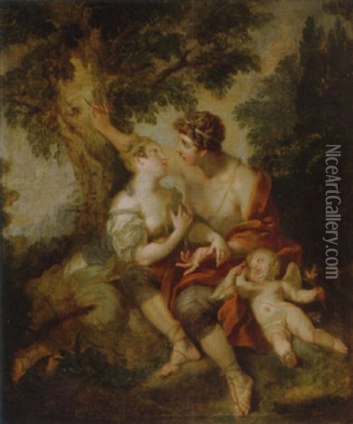 Courting Couple With Cupid Under Tree Oil Painting - Jacopo Amigoni