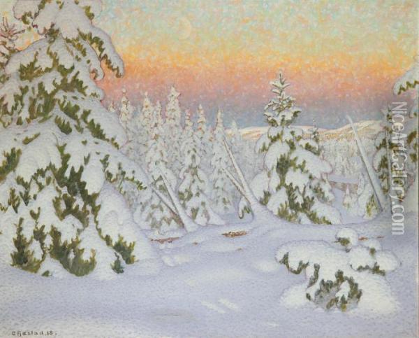 Vinterlandskap I Skymning Oil Painting - Gustaf Fjaestad