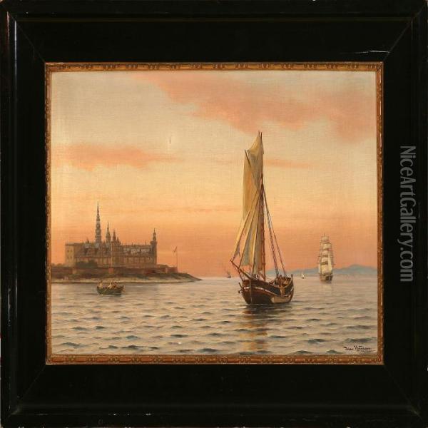Evening Coastal Scenefrom Elsinore Castle, Denmark Oil Painting - Johann Jens Neumann