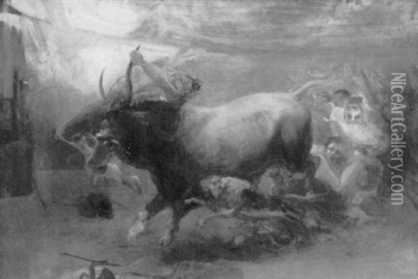 A Bullfight Oil Painting - Eugenio Lucas Villamil