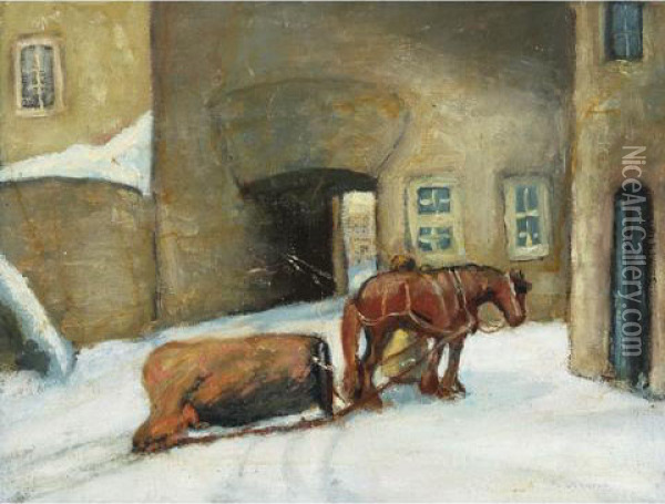 Horse And Sleigh In Village Oil Painting - Paul Archibald Caron