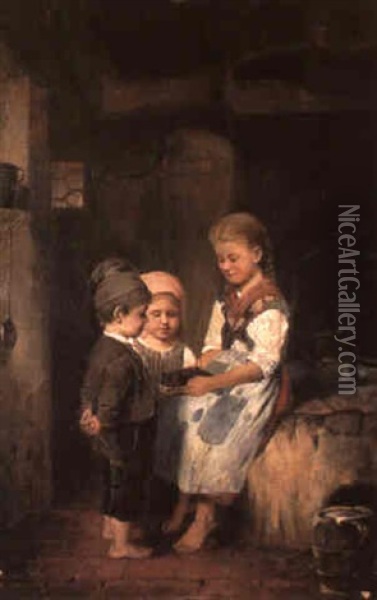 Drei Kinder Bestaunen Eine Maus In Der Falle Oil Painting - Johann Ferdinand Julius Hintze
