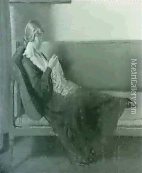 The Artist Wife Alice Sewing On A Sofa Oil Painting - William (Sir) Rothenstein