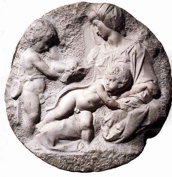 Madonna and Child with the Infant Baptist (or Taddei Tondo) Oil Painting - Michelangelo Buonarroti